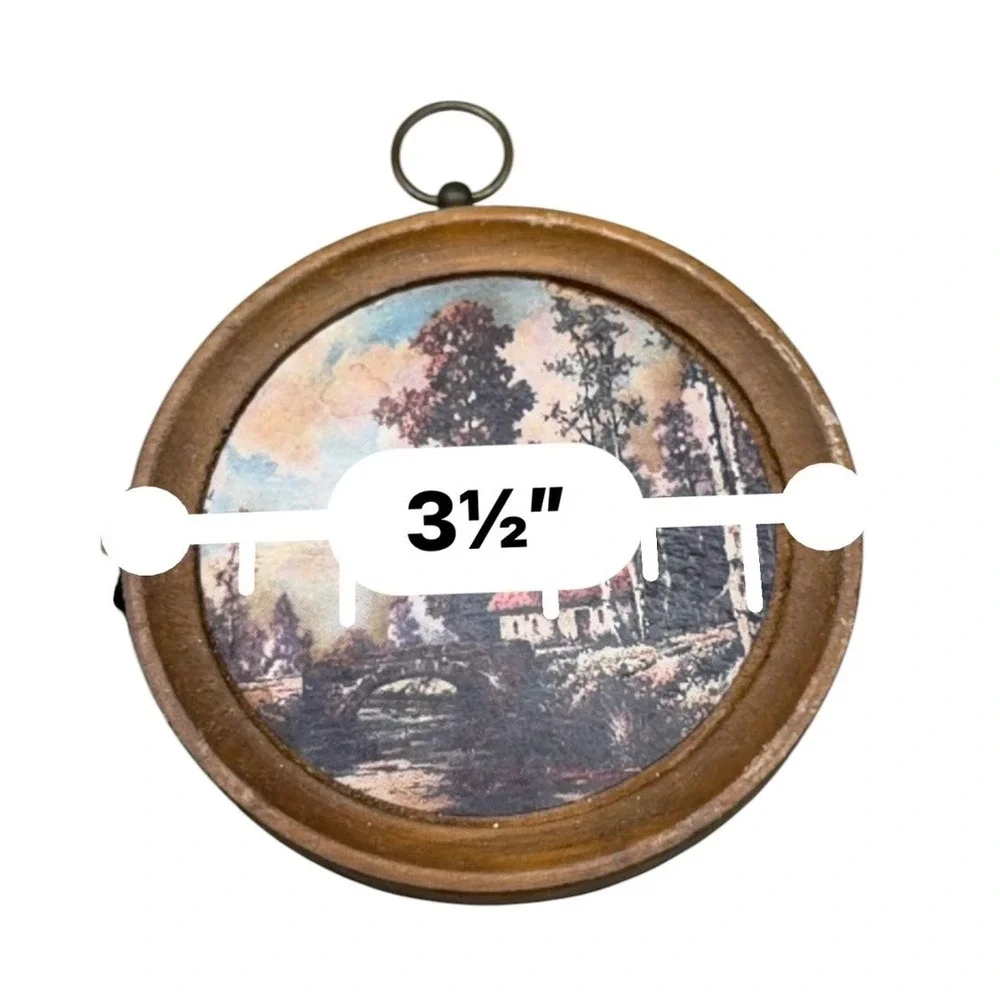 Vintage Japan Miniature Round Wood Wall Plaques Set of 2 Sailboat Cottage 3.5